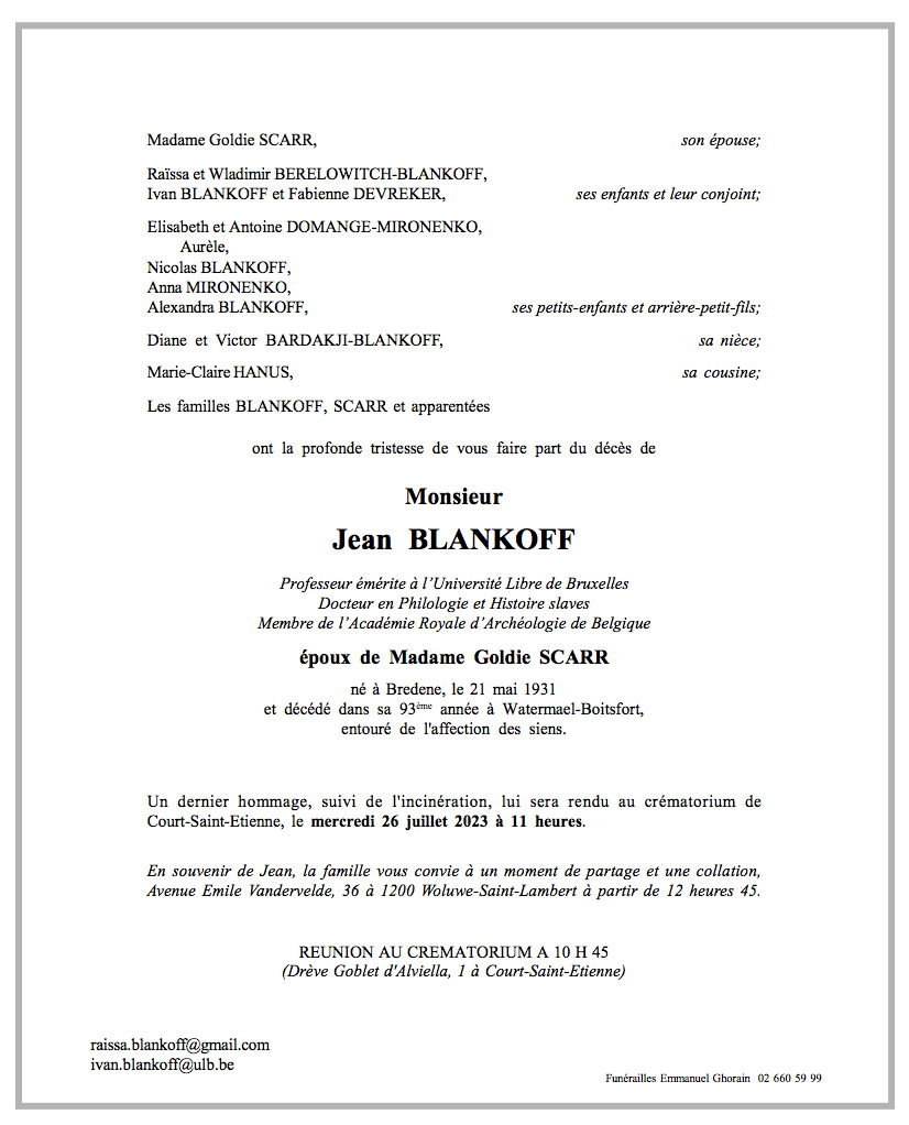Faire-part décès de Jean Blankoff né à Bredene, le 21 mai 1931 - décédé dans sa 93ème année à Watermael-Boitsfort, entouré de l'affection des siens.